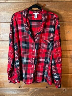 Victoria's Secret Red & Black Plaid Flannel Pajama Top Size Large 💕❤️🖤